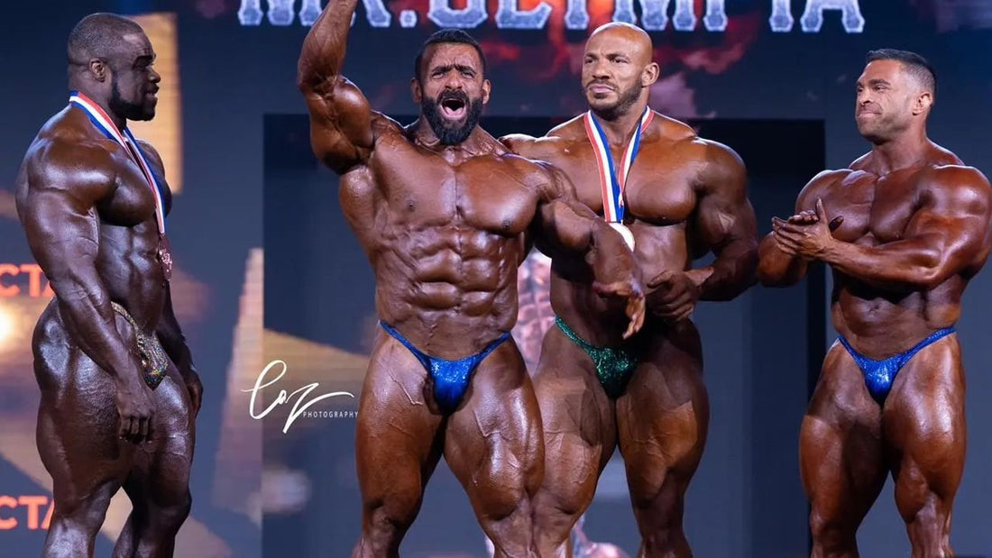 Hadi Choopan celebrating on the Mr. Olympia stage
