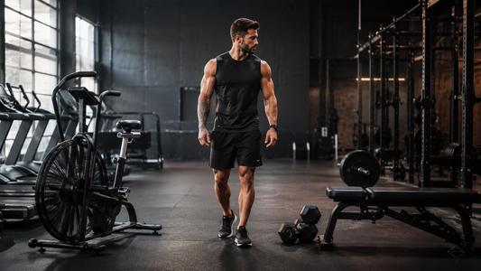 Athlete standing between cardio equipment and free weights in a modern gym