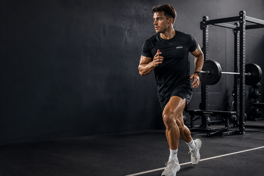 Muscular runner training inside a gym with a squat rack and barbell in the background