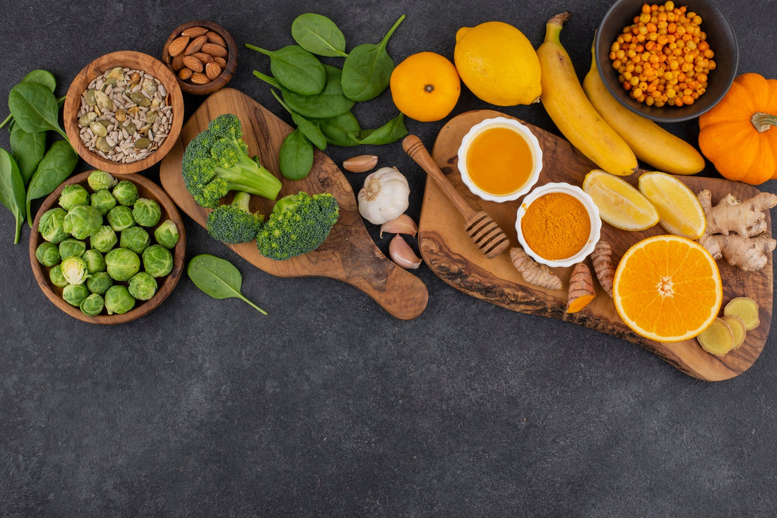 Colourful whole foods containing vitamins and minerals for lifters