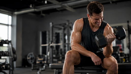 Muscular man performing an intense dumbbell curl in a modern gym during a high-effort set