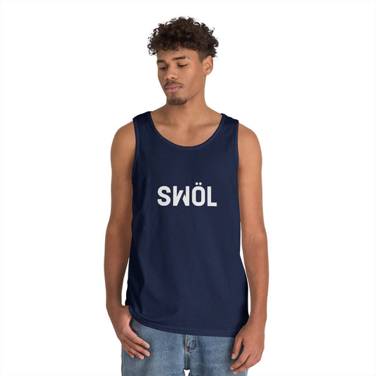 Model wearing the navy SWOL Base Heavy Cotton Tank