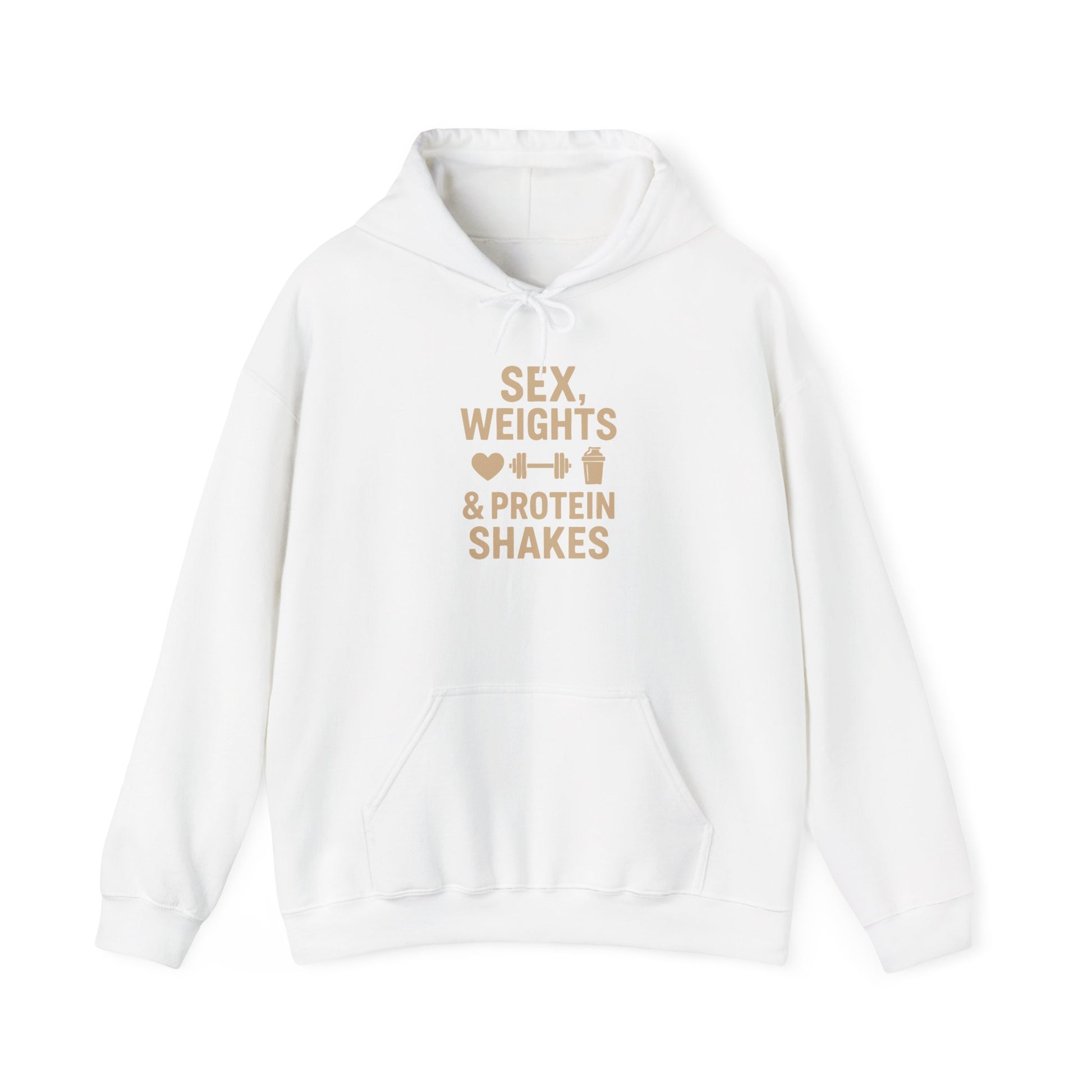 Model wearing the Sex, Weights and Protein Shakes heavy gym hoodie