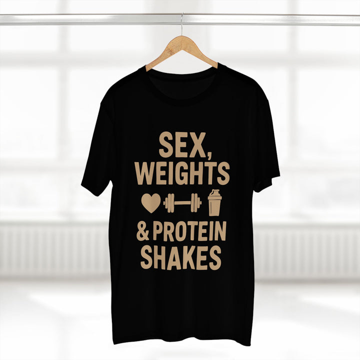 Front view of the Sex, Weights and Protein Shakes gym T-shirt