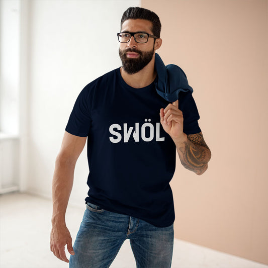 Model wearing the navy SWOL Base Pump Cotton Tee