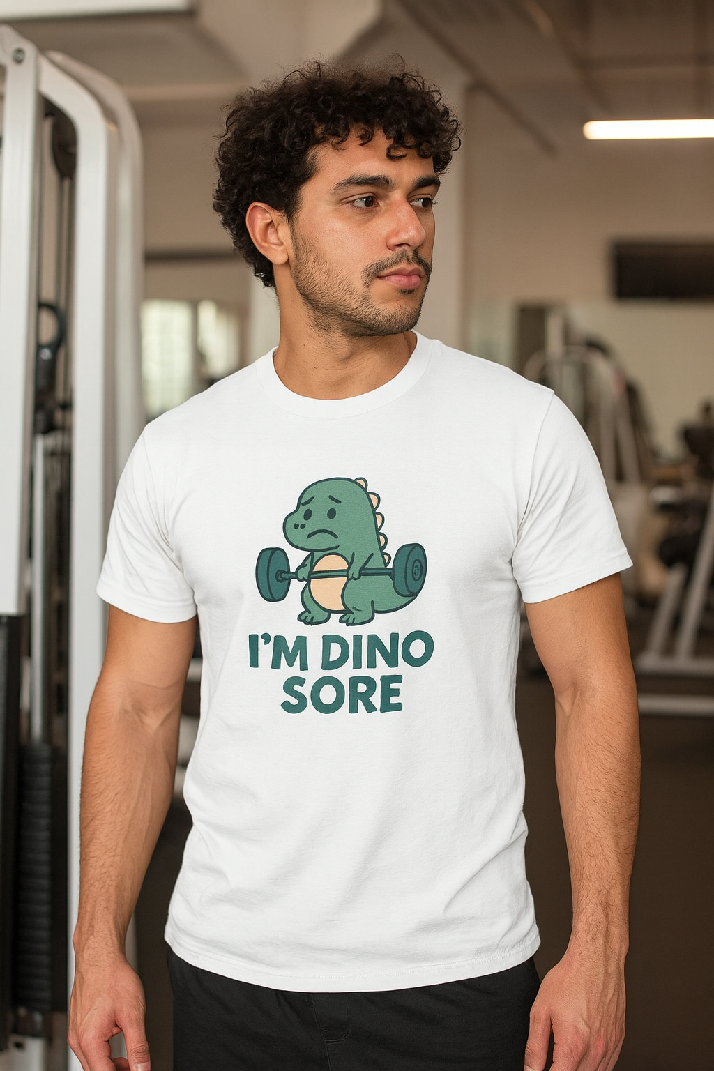 Model wearing the I'm Dino Sore gym T-shirt