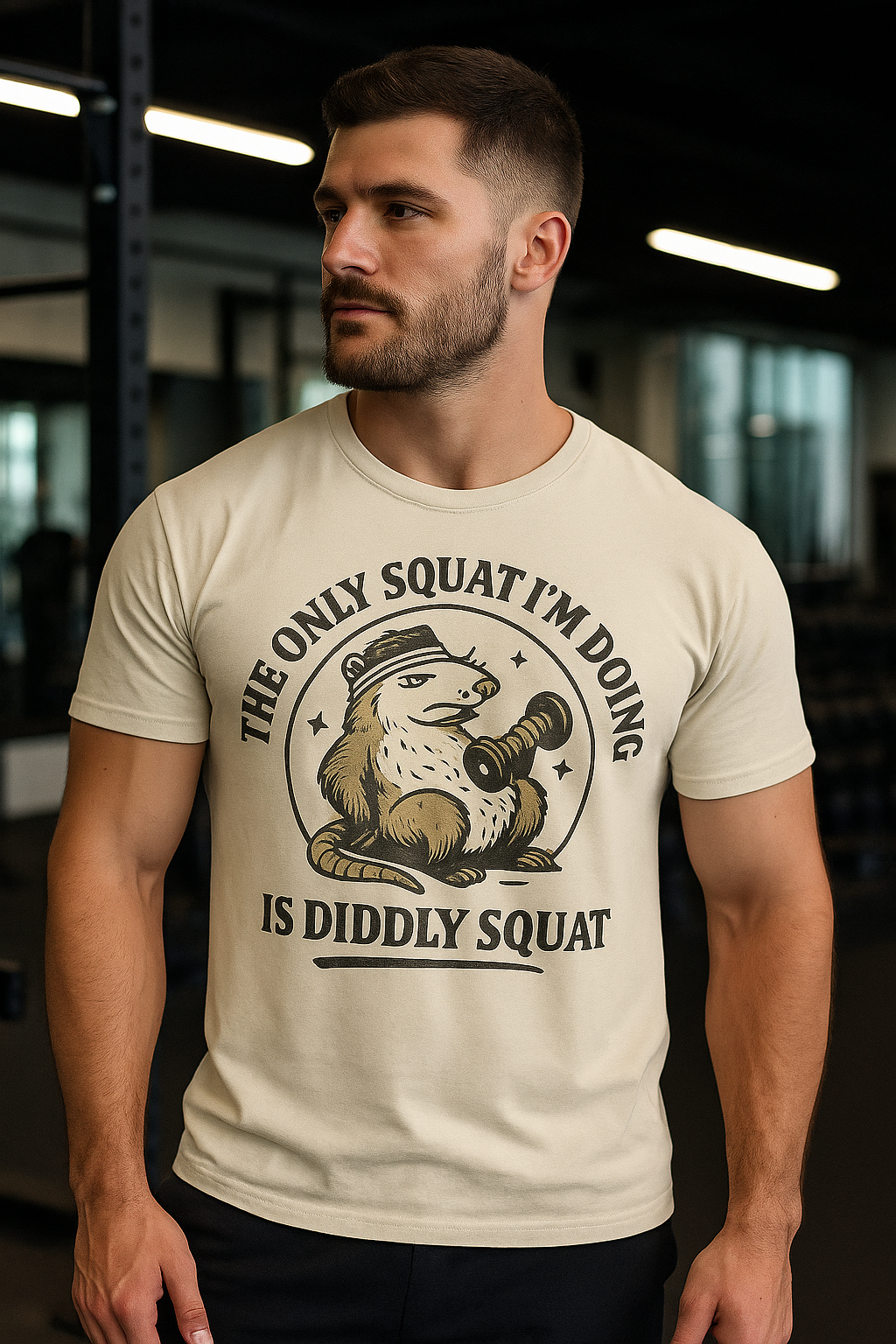 Model wearing the Diddly Squat gym T-shirt