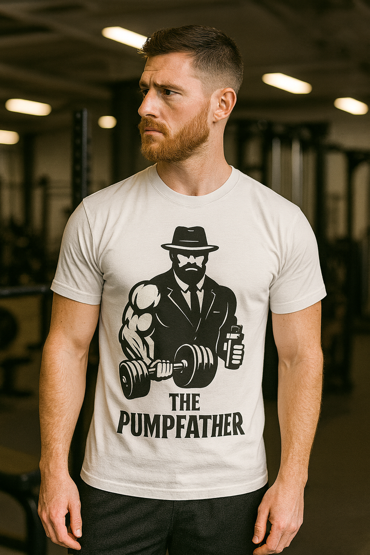Model wearing The Pumpfather gym T-shirt